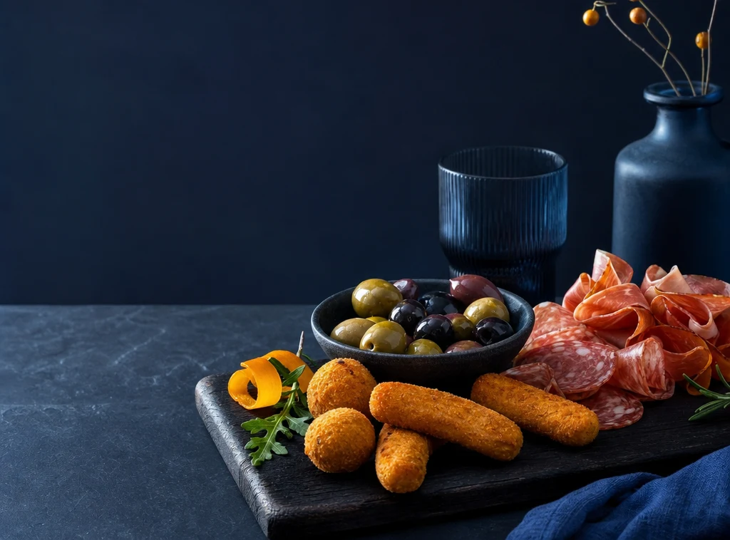 Piattini con salatini, tartine e olive disposti sul banco per l'aperitivo