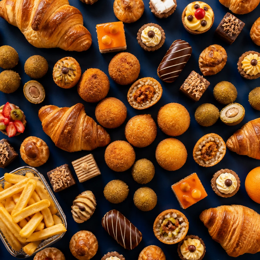 Piano di lavoro con farina, uova e mix di base per la produzione di pasticceria