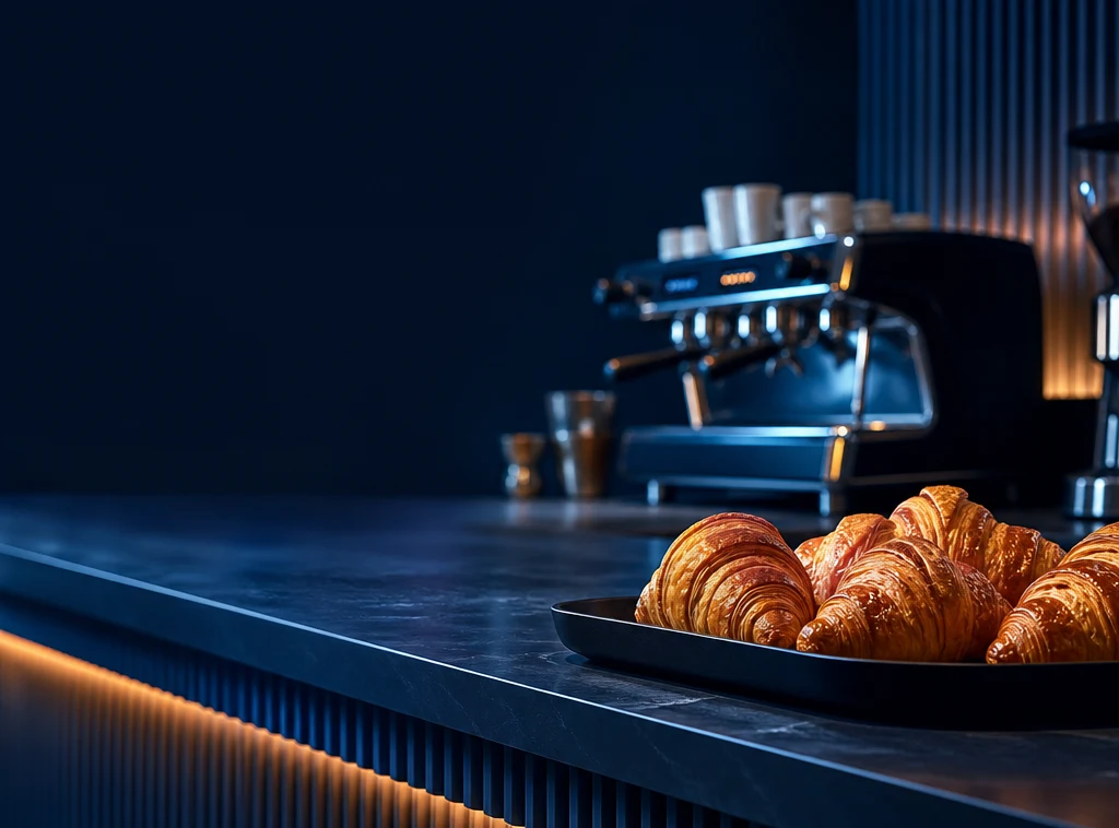 Banco bar con bicchieri, brioche e attrezzature in acciaio pronte per il servizio