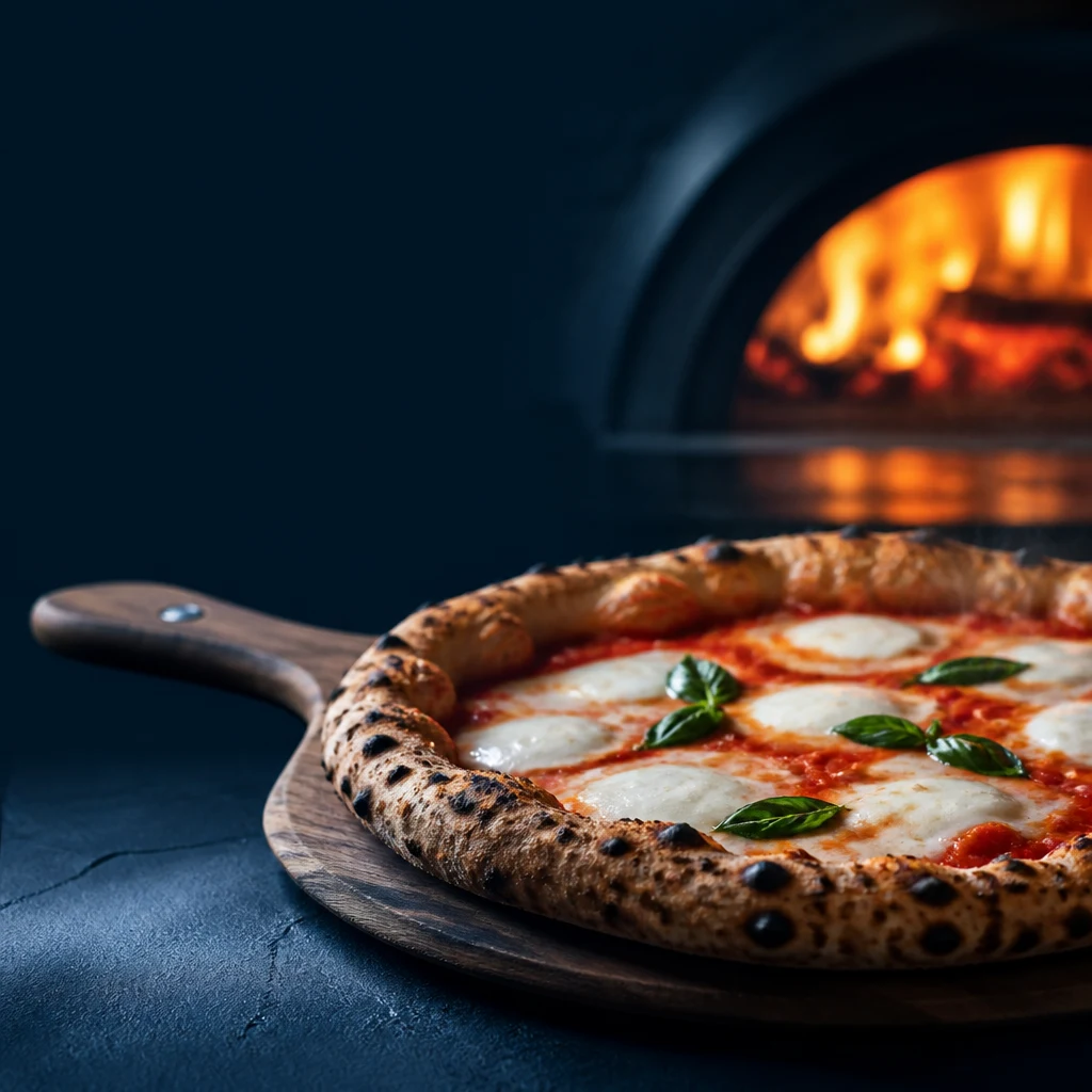 Sala di ristorante con tavoli apparecchiati e pizza appena sfornata in primo piano