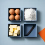 Ingredienti di base in ciotole sul banco: farina, zucchero e uova