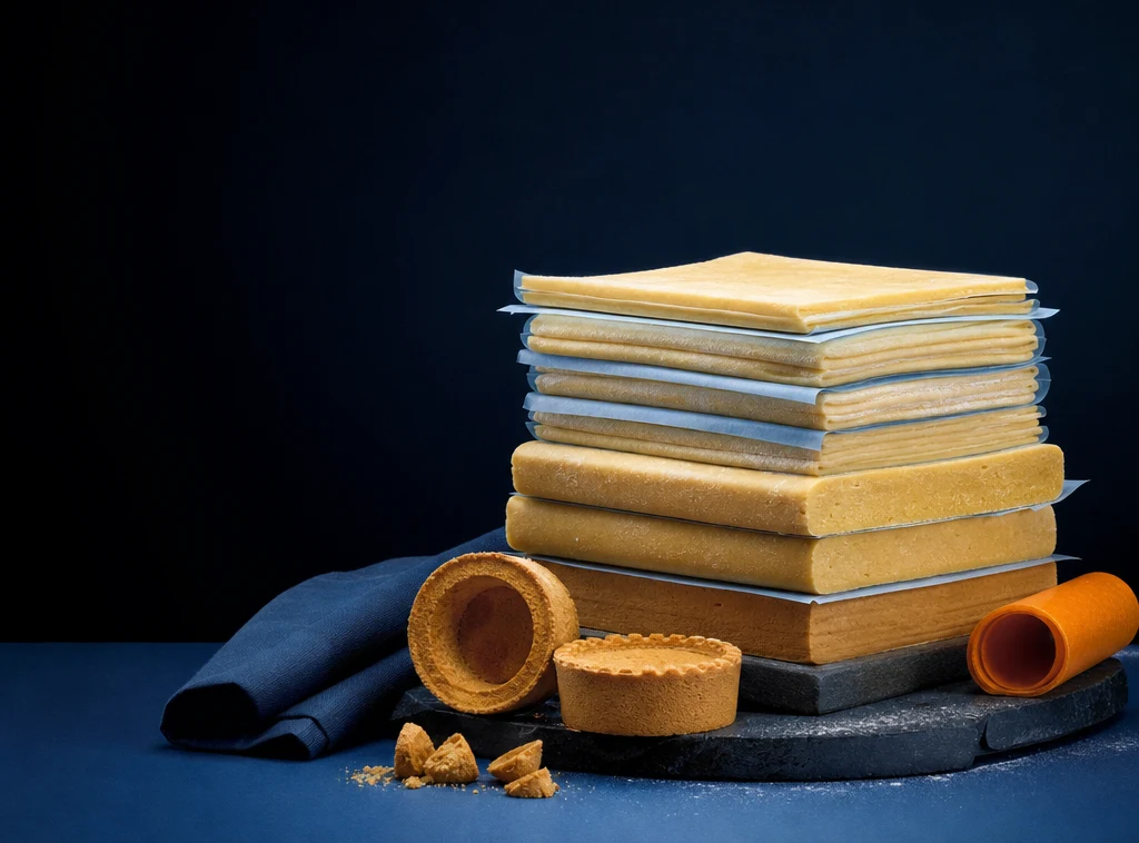 Dischi di pasta frolla e rotoli di sfoglia stesi su carta da forno