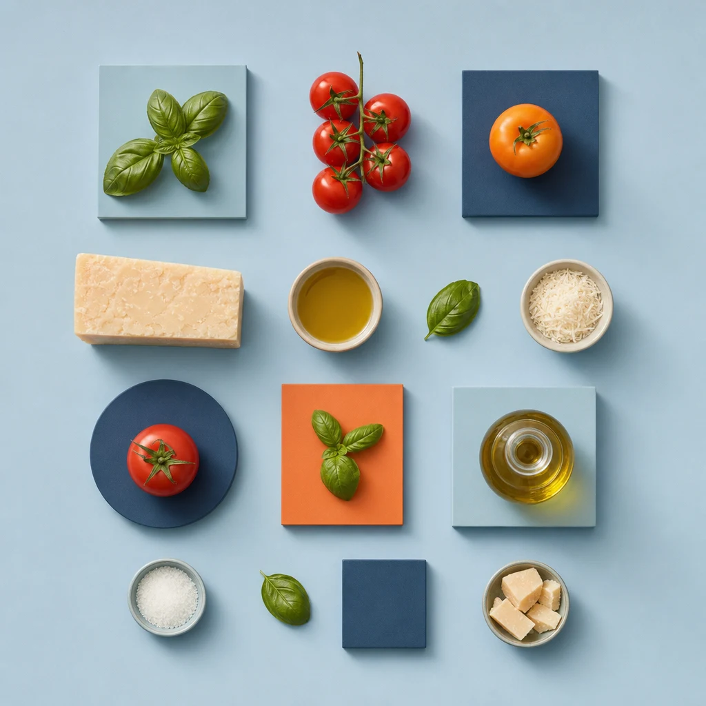 Chef che sceglie gli ingredienti da un piano di lavoro con prodotti pronti all'uso