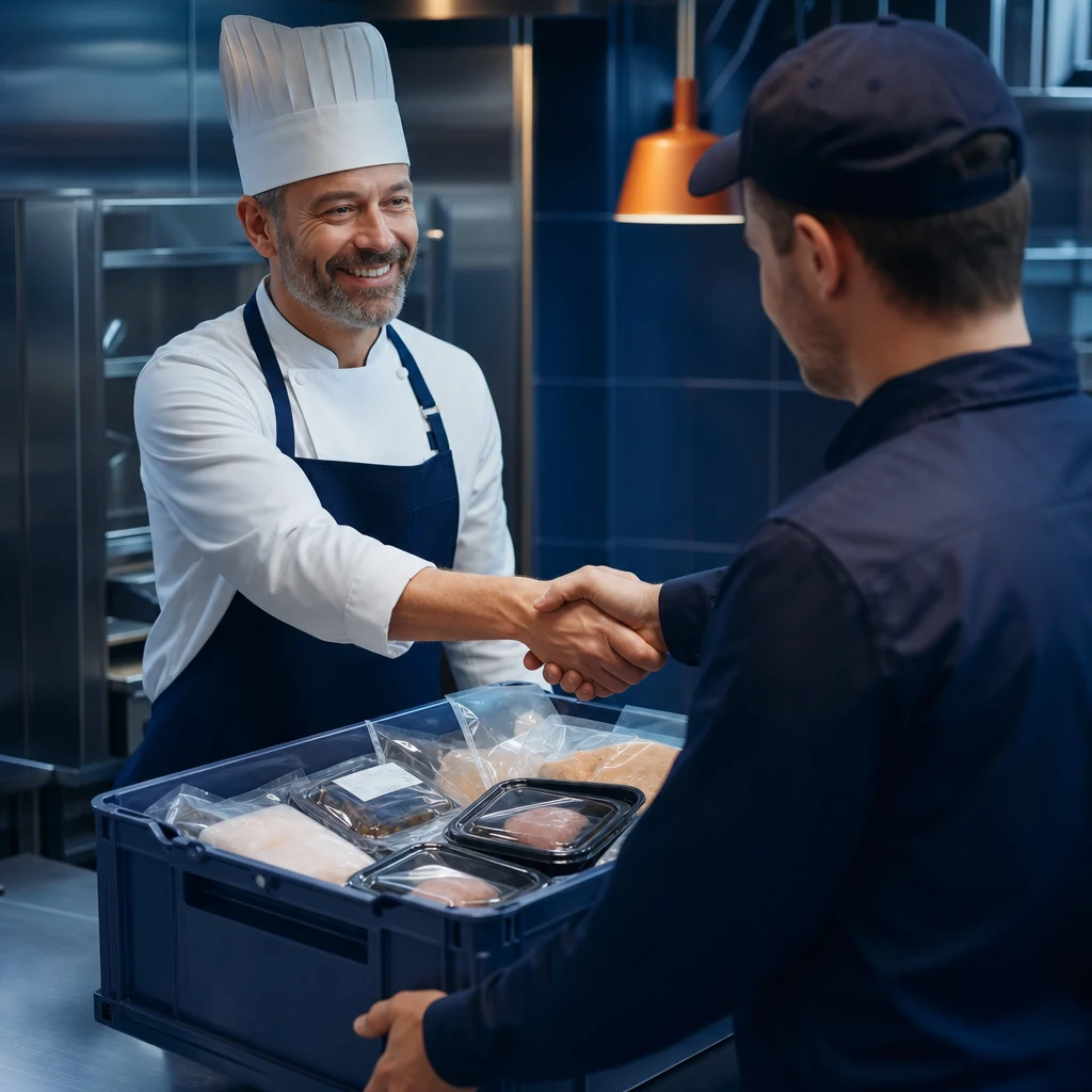 Operatore che controlla le confezioni consegnate nel magazzino di un ristorante