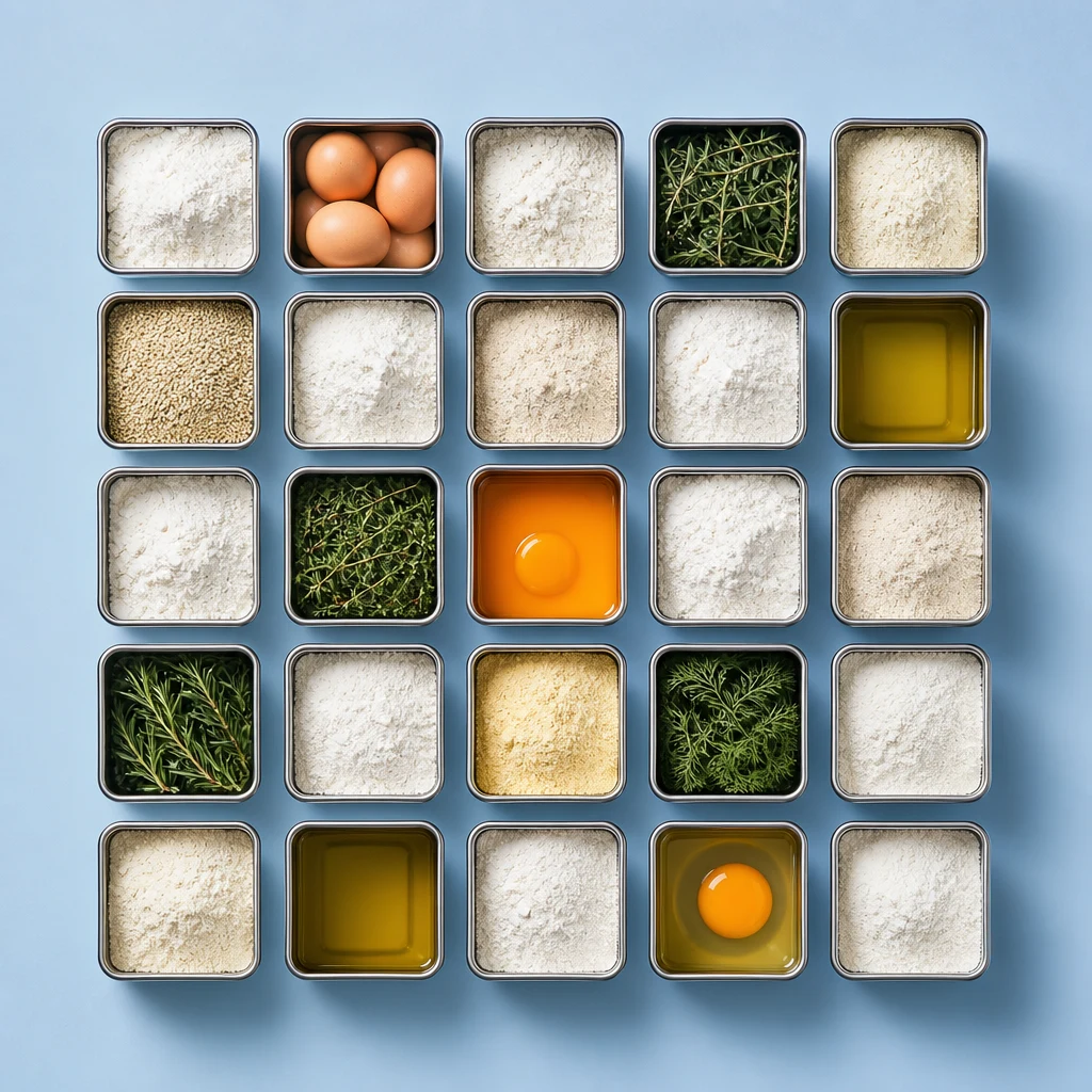Contenitori quadrati con farine, uova, erbe aromatiche e olio disposti a griglia