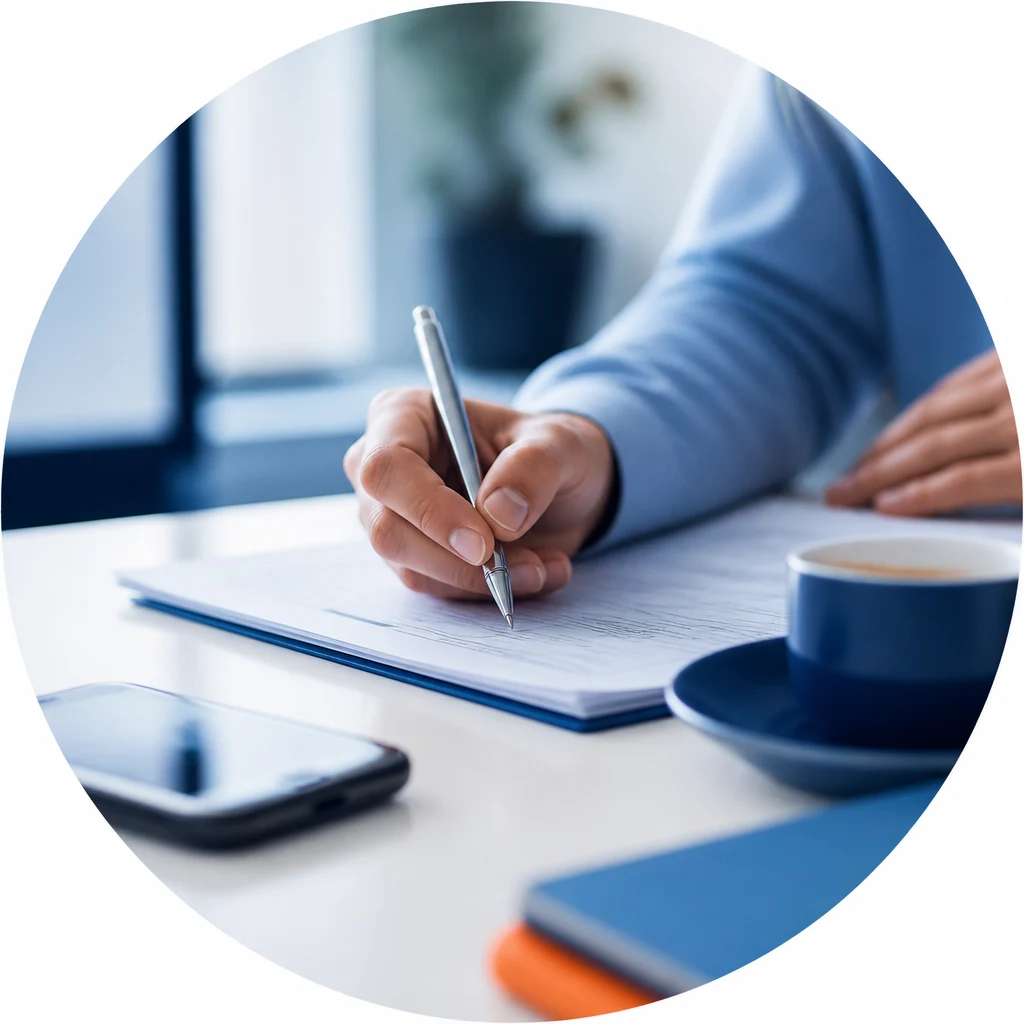Persona scrive su un quaderno accanto a tazza, smartphone e agenda