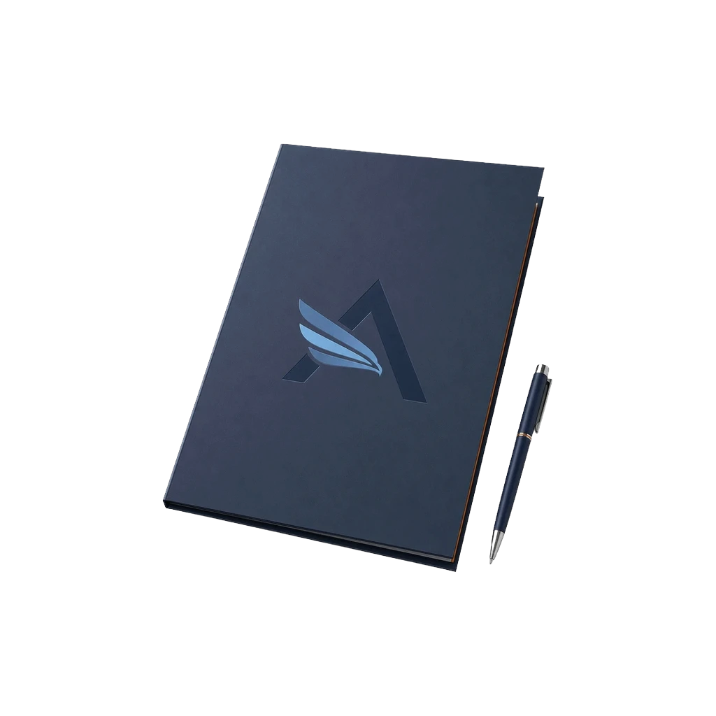 Taccuino blu scuro con logo L'AQUILAGEL e penna su sfondo nero