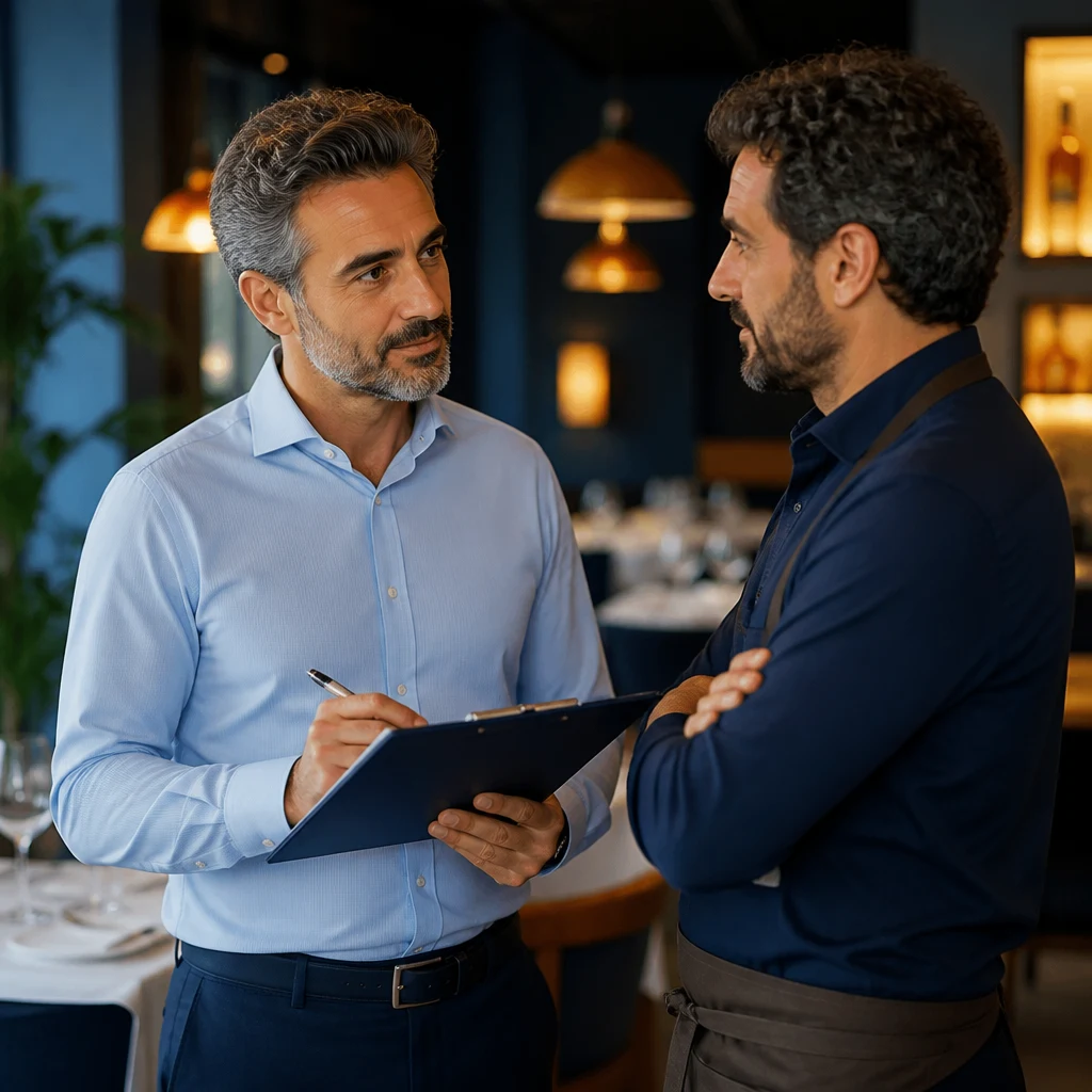 Due uomini parlano in un ristorante; uno tiene una cartellina e una penna.