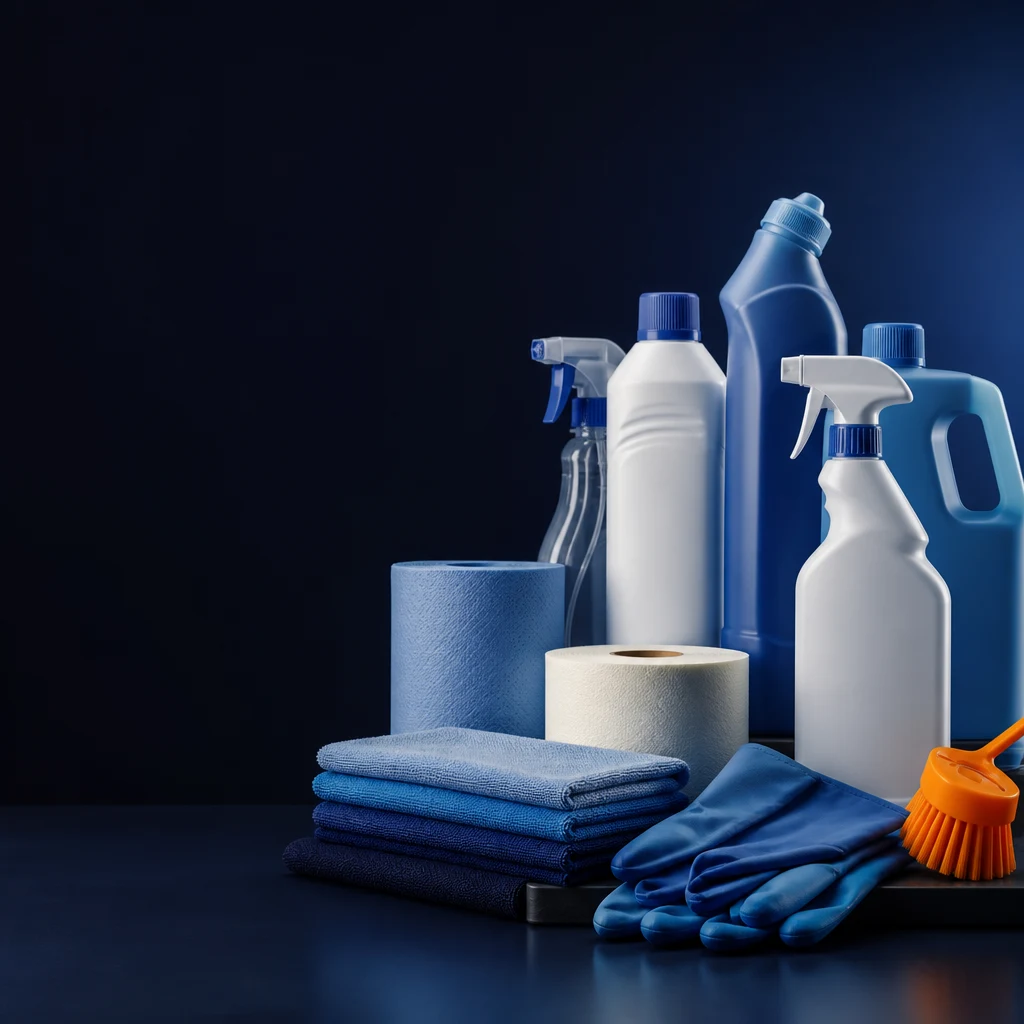 Flaconi spray e detergenti blu e bianchi con panni, guanti, rotolo di carta e spazzola.