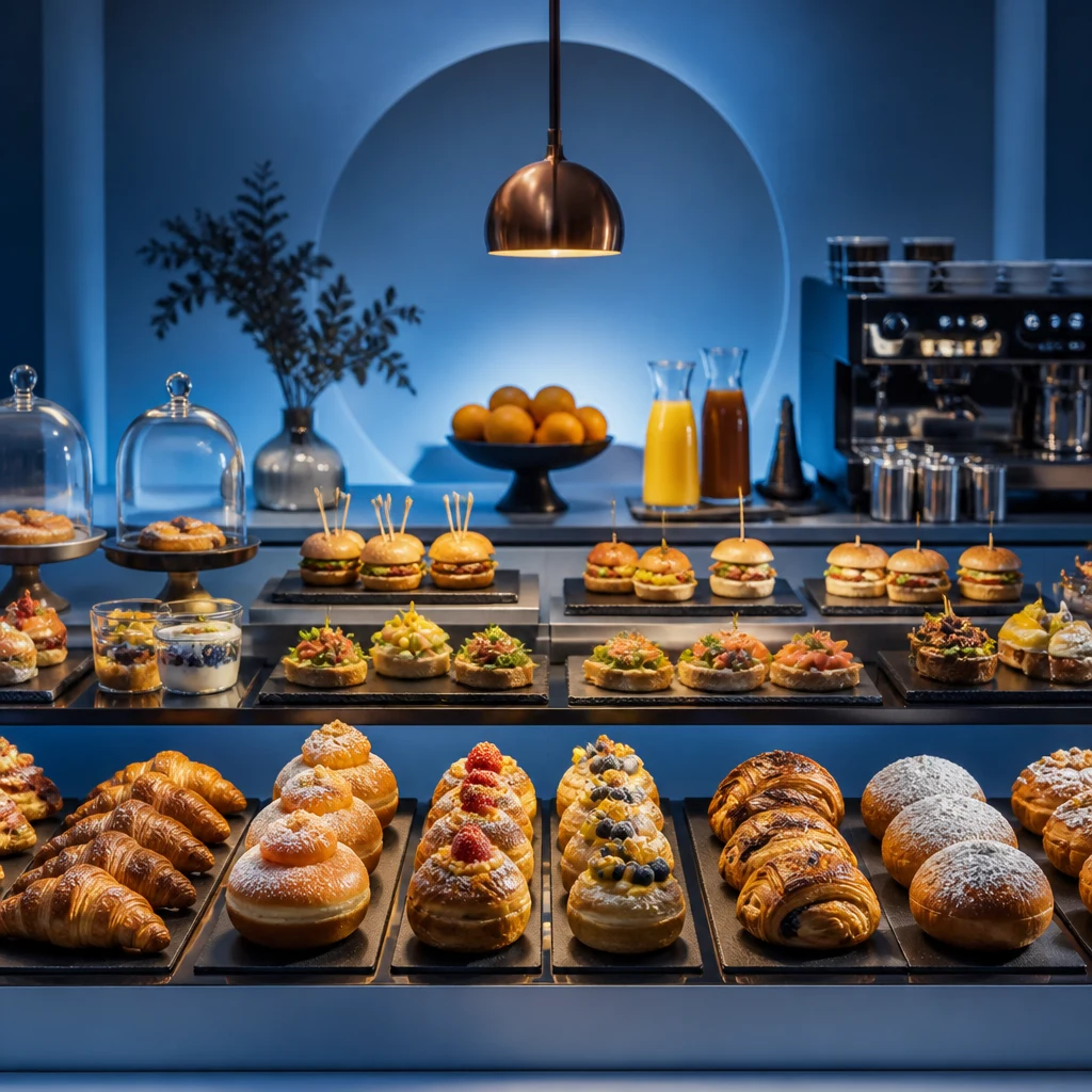 Banco bar con brioche, dolci, panini e bicchieri, con macchina da caffè sullo sfondo.