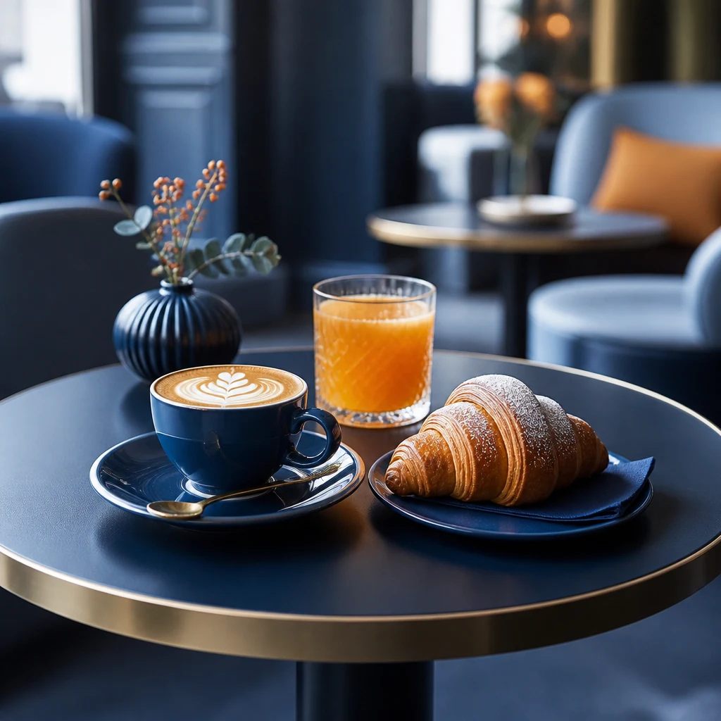 Tavolino con cappuccino, bicchiere di succo d'arancia e croissant su un piatto.