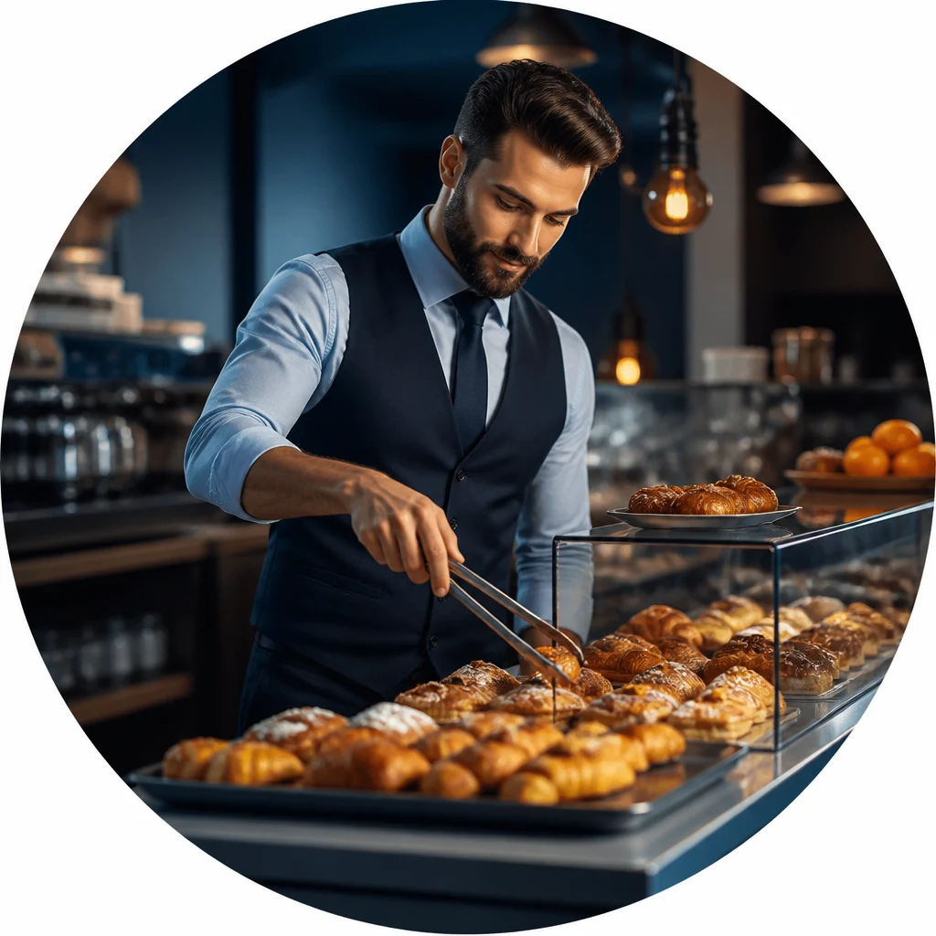 Barista sistema brioche con pinze in una vetrina di pasticceria