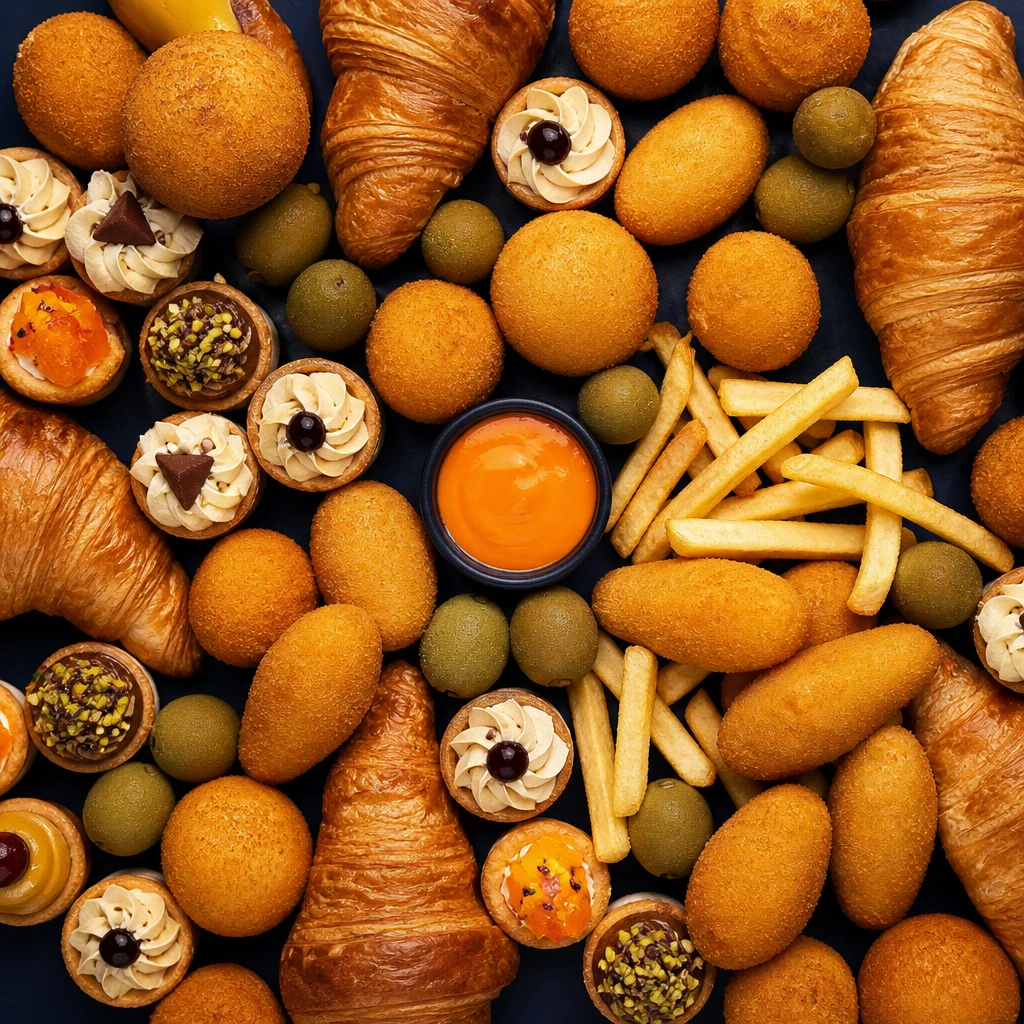 Croissant, fritti, olive, patatine e pasticcini disposti su sfondo scuro