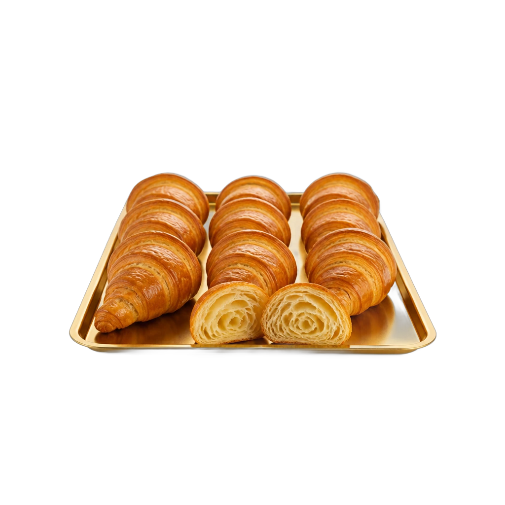 Vassoio dorato con croissant, di cui due tagliati a metà, su sfondo nero