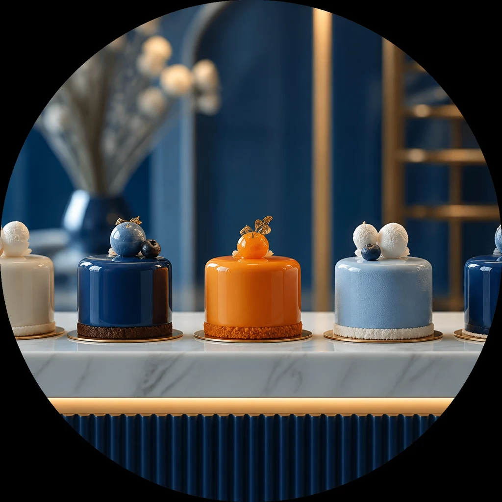 Cinque monoporzioni glassate colorate esposte su un bancone di pasticceria blu