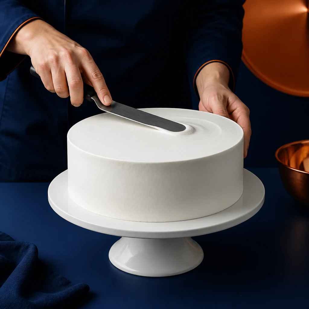 Pasticciere liscia la copertura bianca di una torta su un'alzata