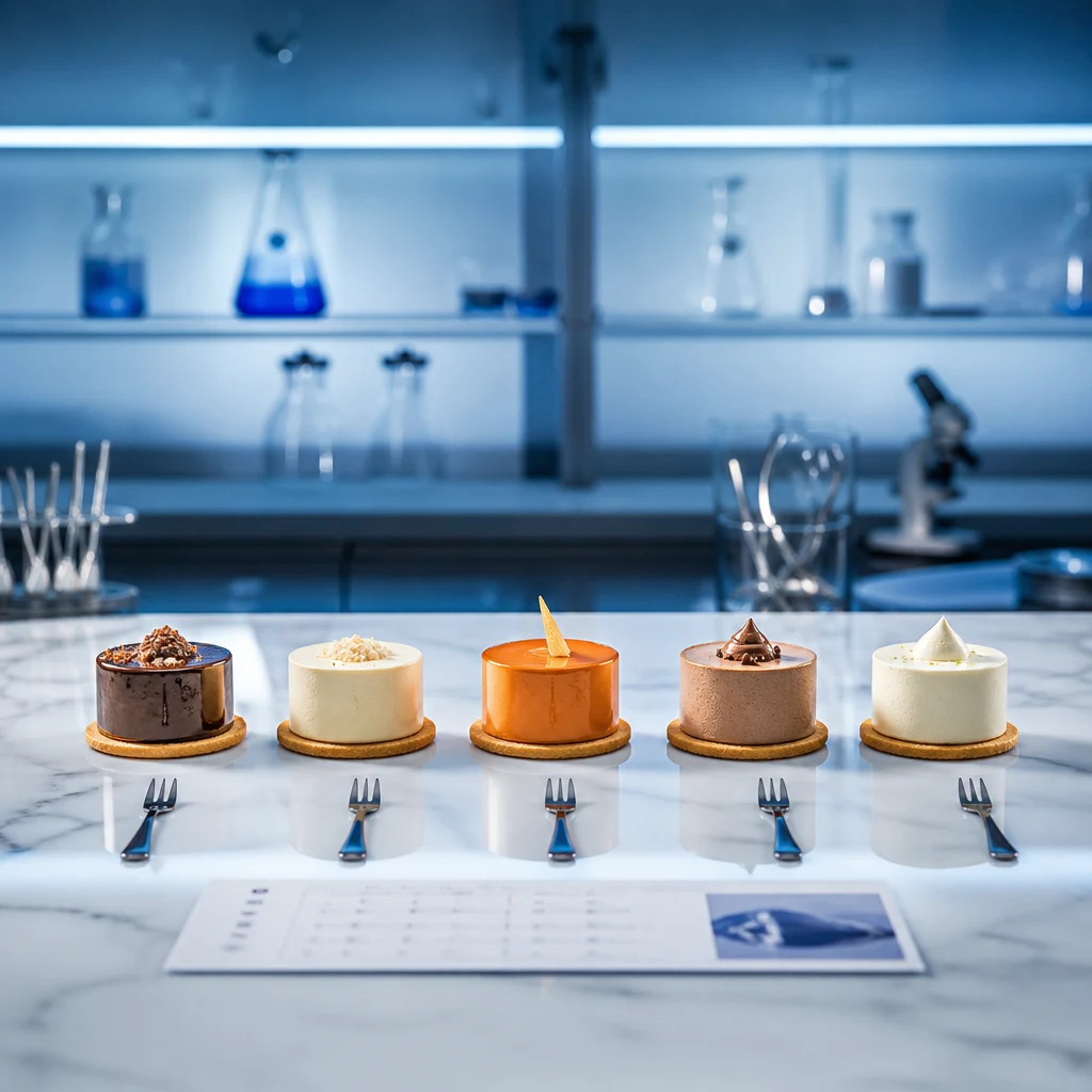 Cinque monoporzioni di colori diversi allineate su un tavolo di marmo in laboratorio