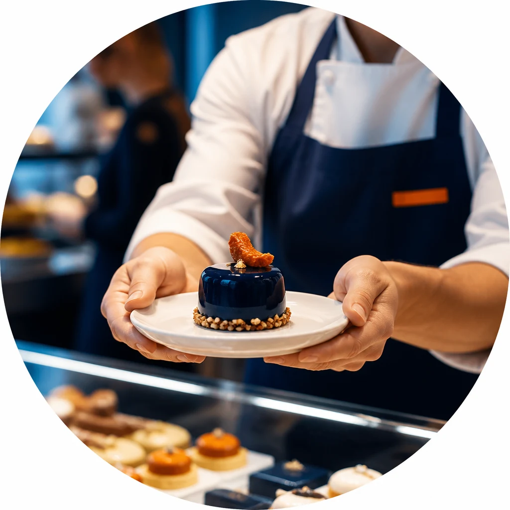 Pasticciere porge un piatto con una monoporzione glassata davanti al banco
