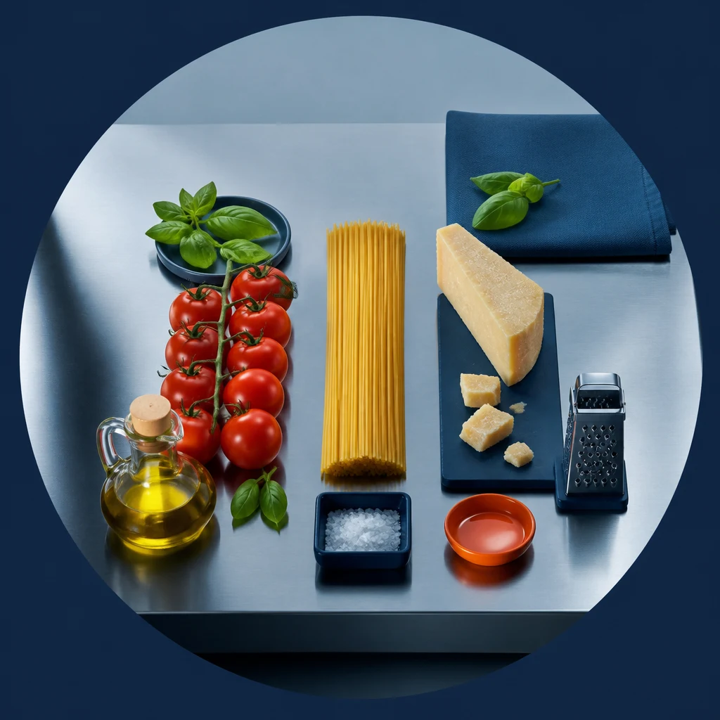 Spaghetti, pomodori, olio, basilico, formaggio e utensili disposti su tavolo