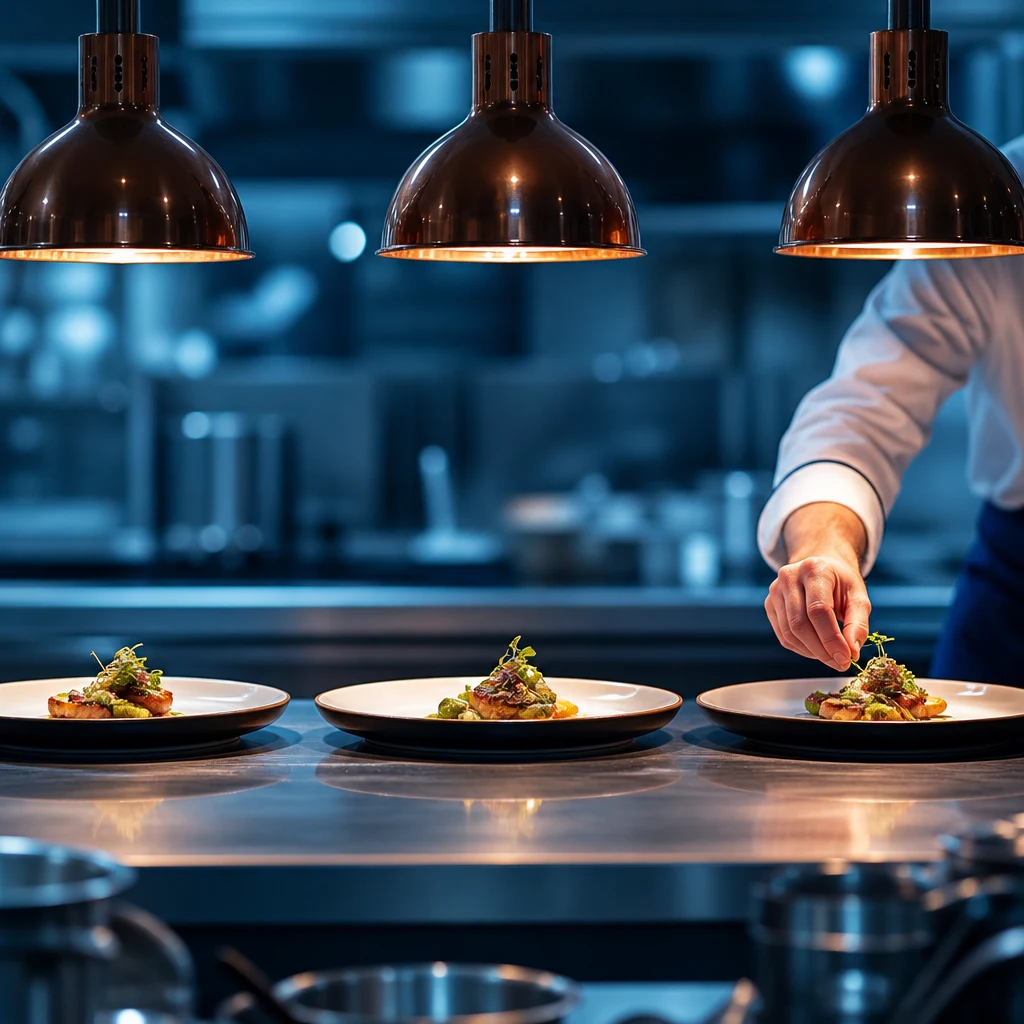 Chef completa tre piatti sotto lampade sospese in una cucina professionale