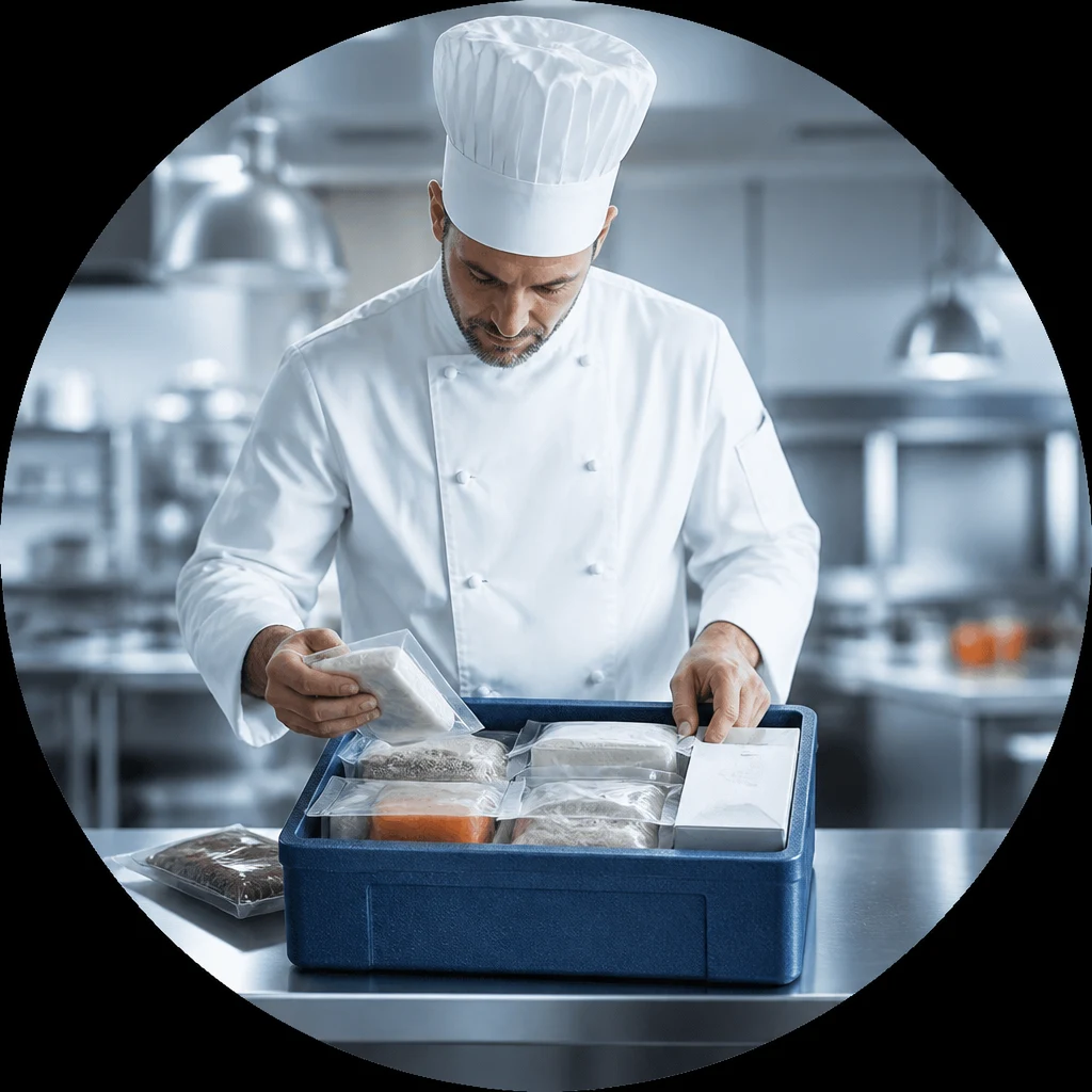 Chef in cucina controlla confezioni alimentari in un contenitore termico blu