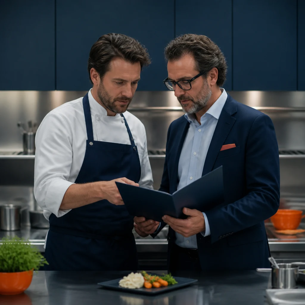 Chef e uomo in giacca consultano un fascicolo in una cucina professionale