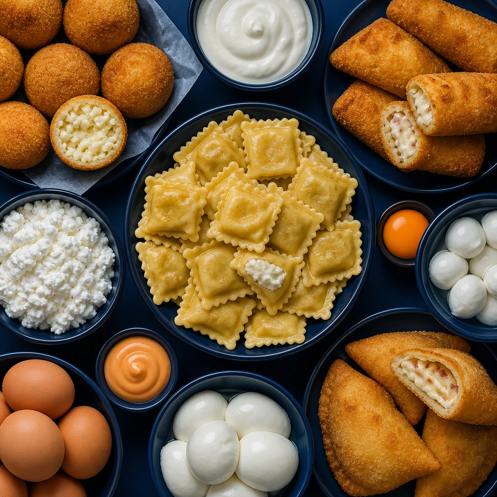 Ravioli, crocchette, cannelloni, ricotta, uova e mozzarella disposti in ciotole blu