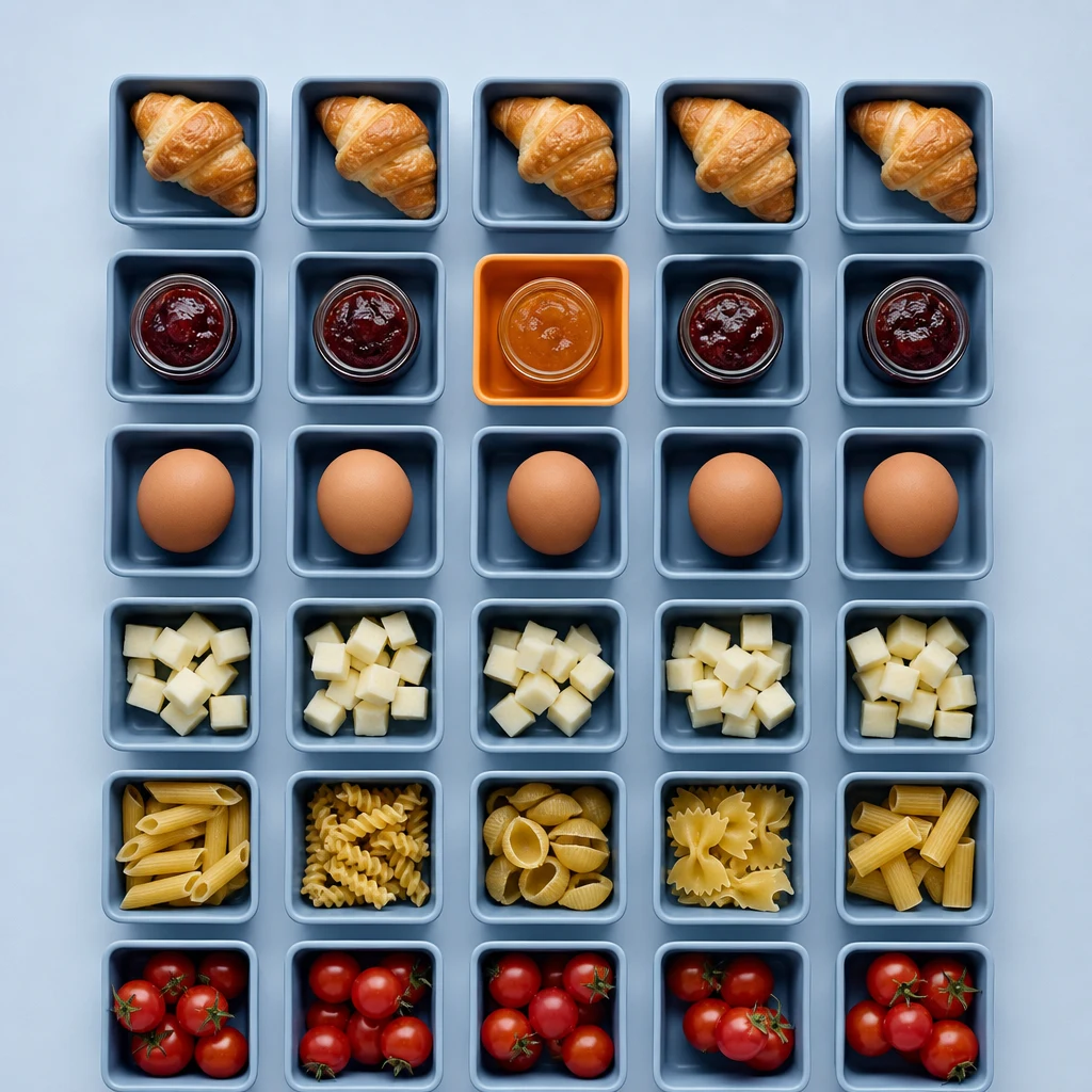Vassoi quadrati con croissant, confetture, uova, formaggio a cubetti, pasta e pomodorini