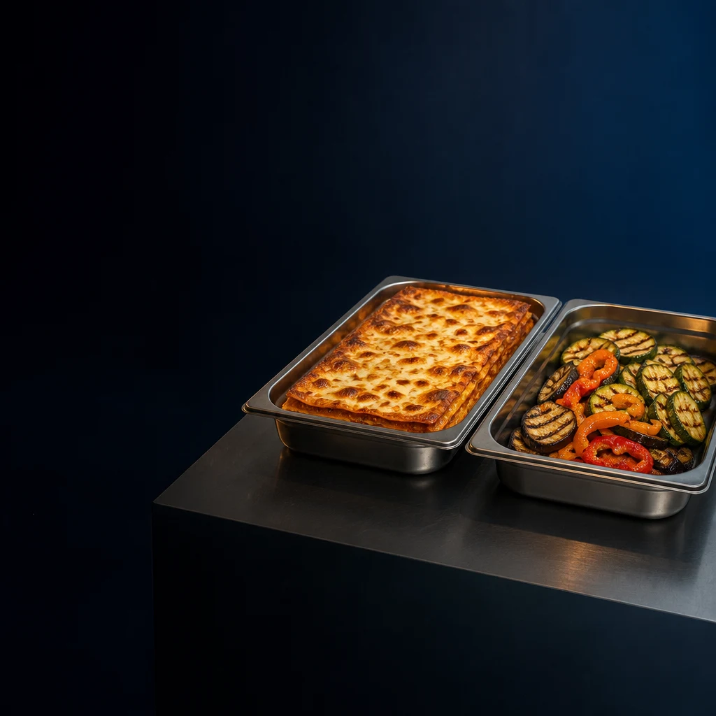 Due teglie in acciaio con lasagna gratinata e verdure grigliate su un banco scuro