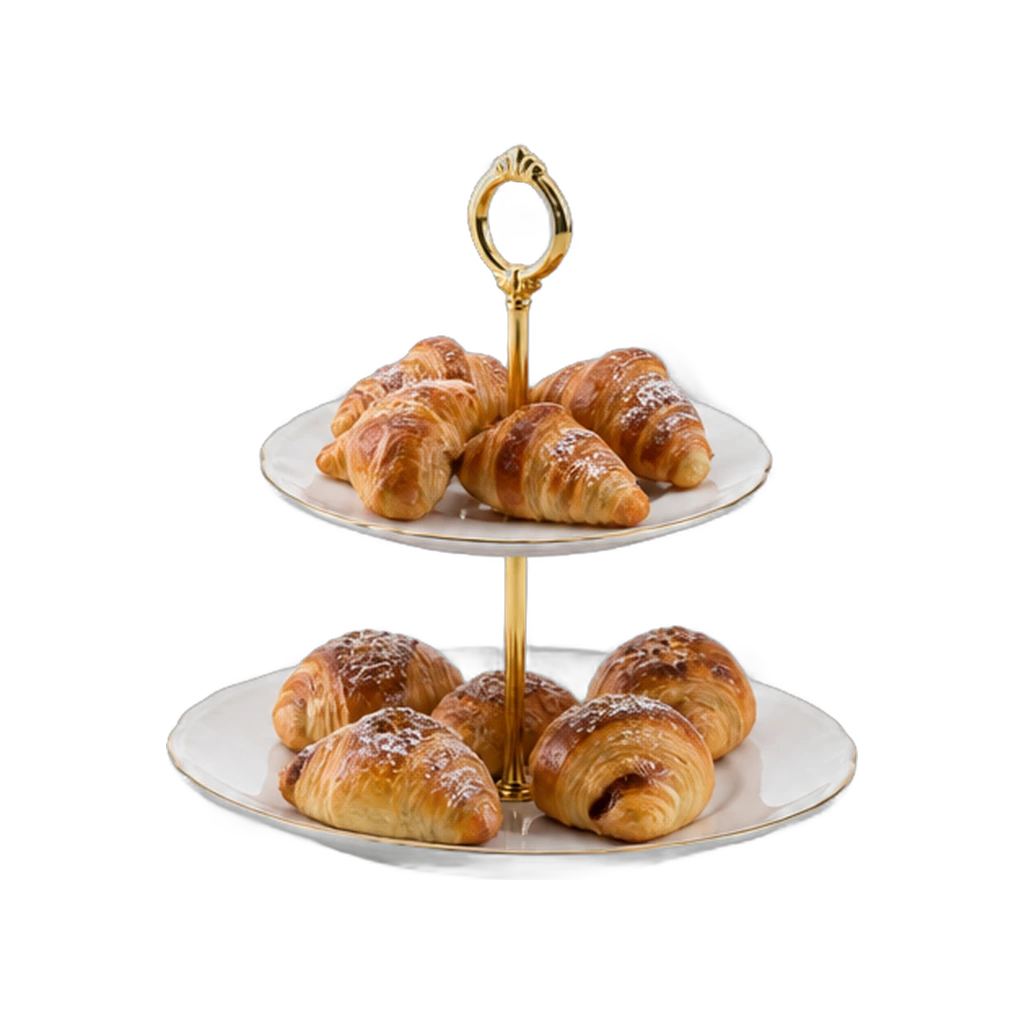 Croissant su un'alzata a due piani con piatti bianchi e struttura dorata