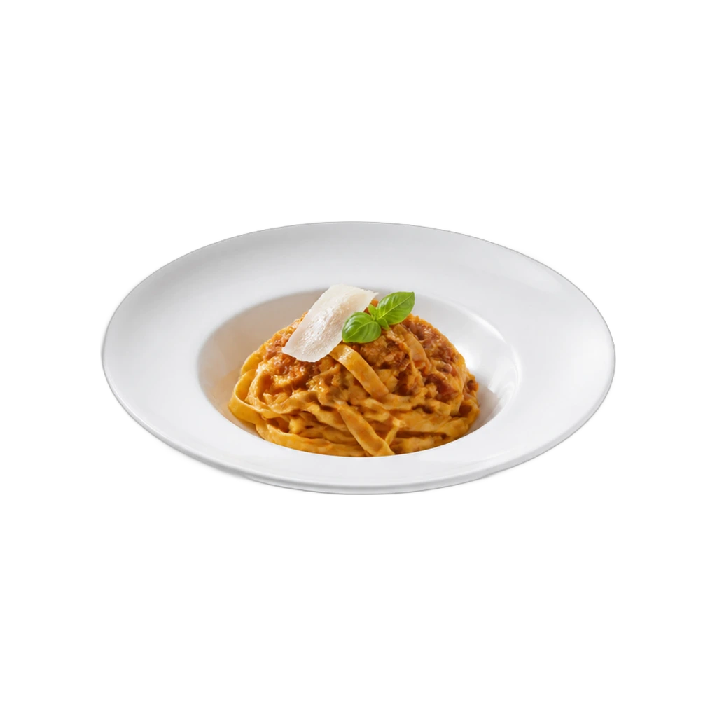 Piatto di tagliatelle al ragù con basilico e scaglie di formaggio