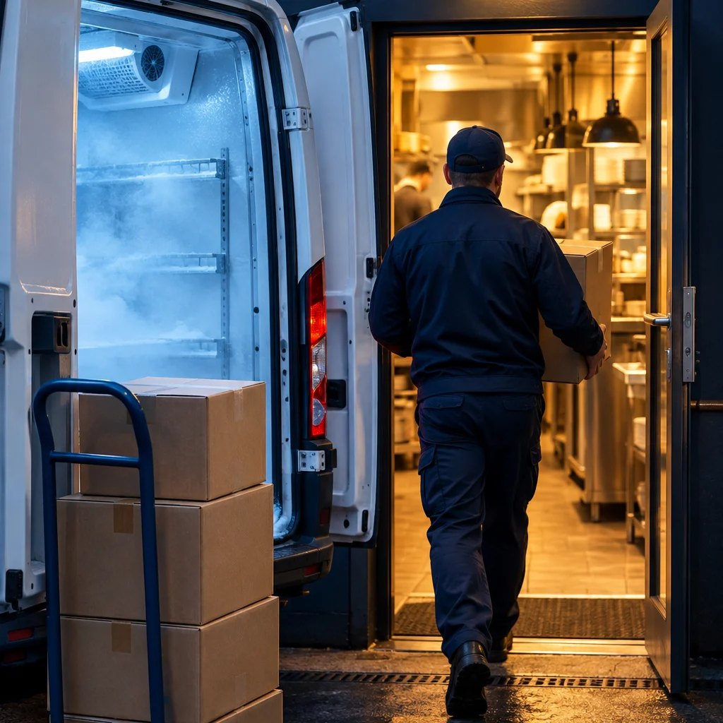 Consegna L'AQUILAGEL alla porta della cucina di un locale