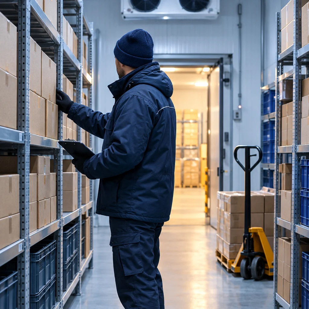 Addetto al magazzino L'AQUILAGEL nella cella refrigerata