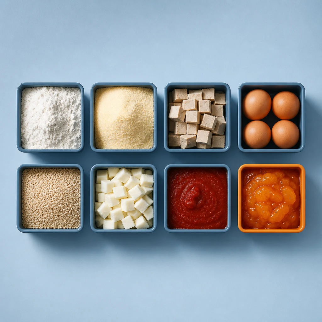 Otto contenitori con farina, semola, cubetti, uova, cereali, formaggio, salsa rossa e composta arancione