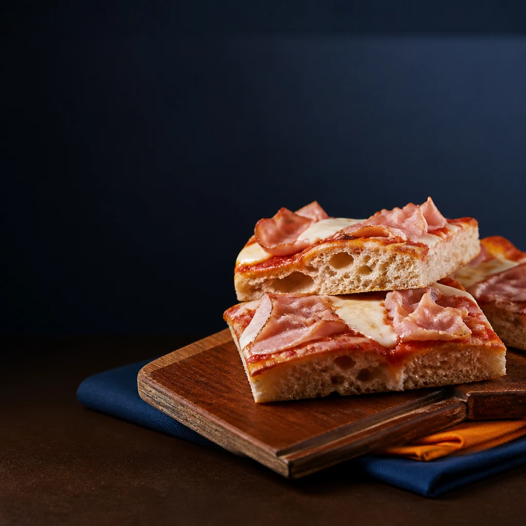 Due tranci di focaccia con prosciutto su tagliere di legno, con tovaglioli blu e arancione.