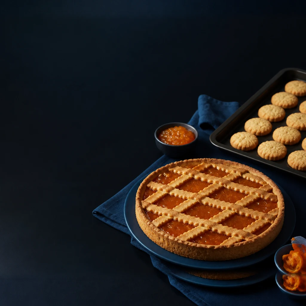 Crostata con confettura su piatto blu, biscotti su teglia e ciotolina di confettura.