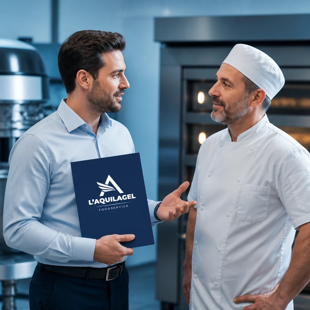 Rappresentante L'AQUILAGEL mostra una cartellina a uno chef in una cucina professionale