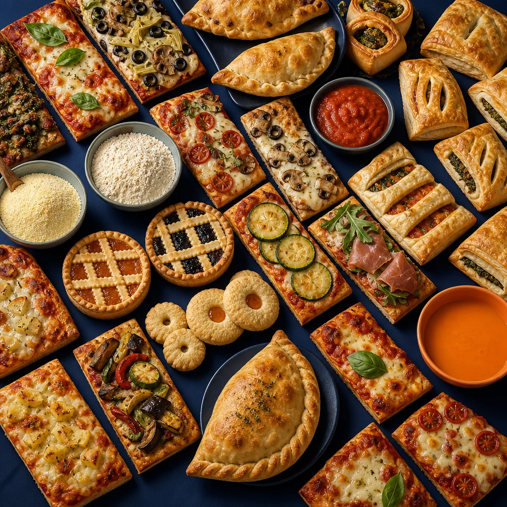 Varietà di pizze, focacce, torte salate e snack disposti su fondo blu