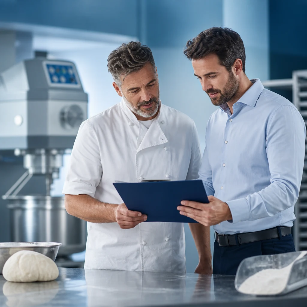 Cuoco e uomo in camicia consultano una cartella in una cucina professionale