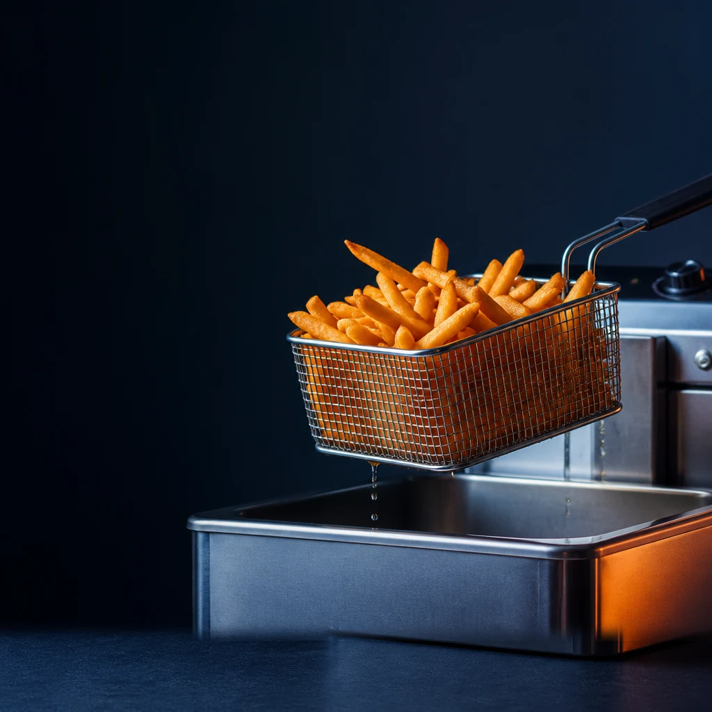 Cestello metallico con patatine fritte sospeso sopra una friggitrice in acciaio