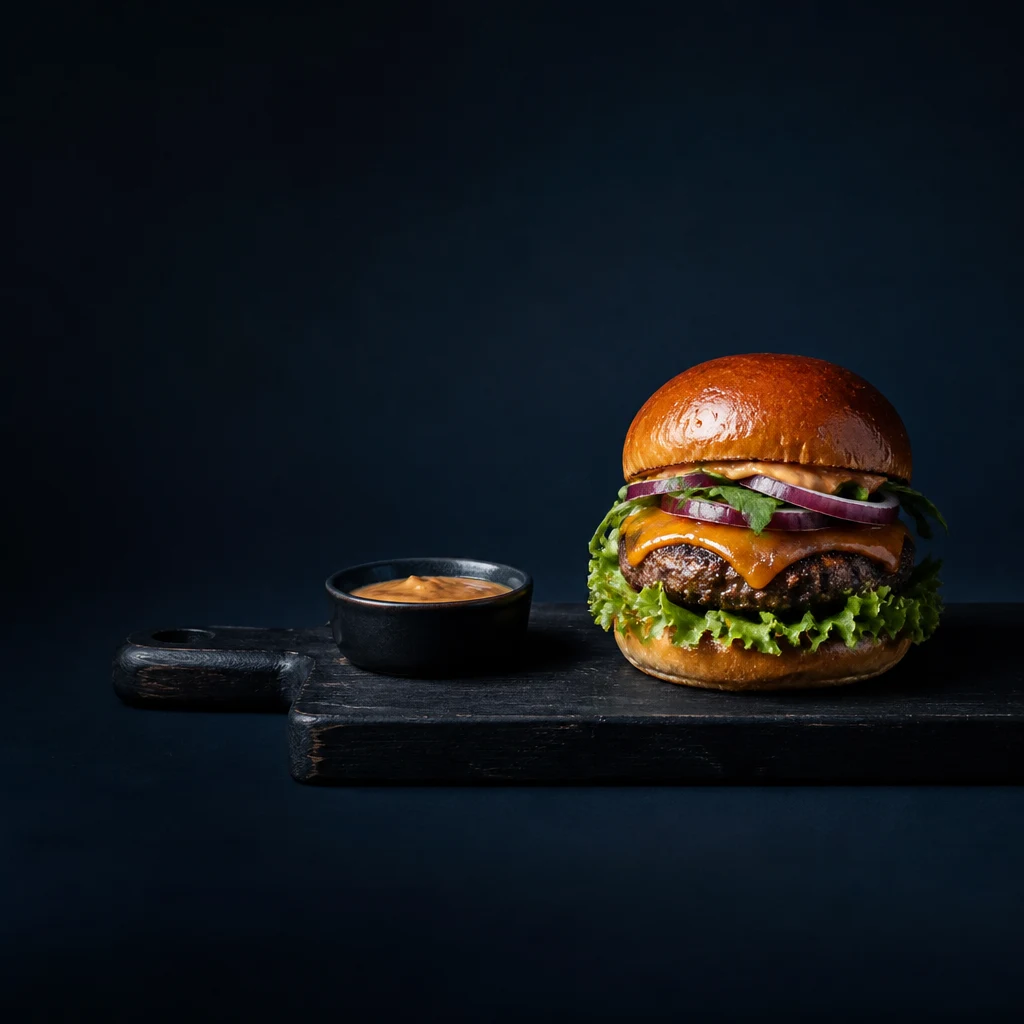 Hamburger con formaggio, cipolla rossa e lattuga su tagliere nero, accanto a una ciotola di salsa