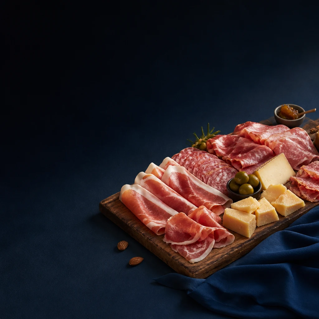 Tagliere con salumi affettati, formaggi, olive e mandorle su tavolo blu