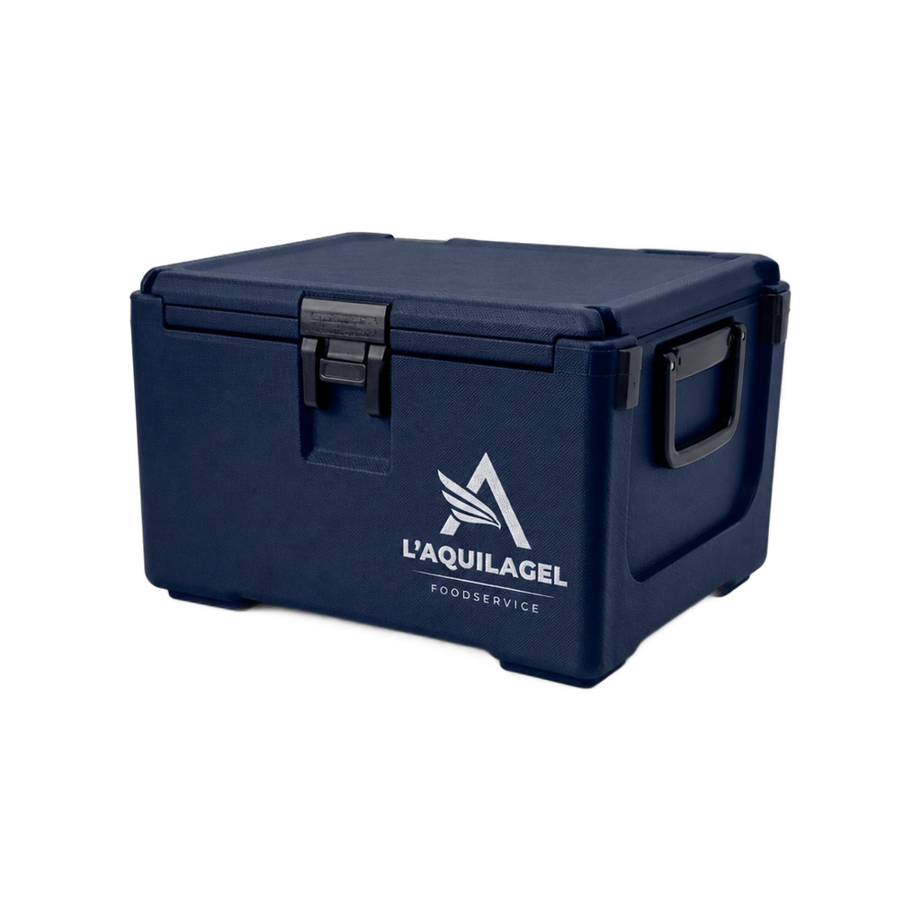 Contenitore termico blu con marchio L'AQUILAGEL