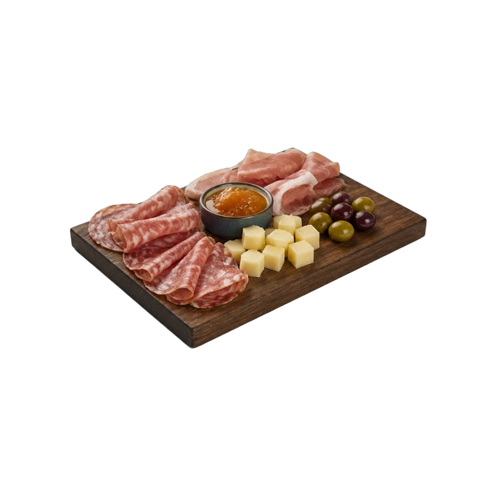 Tagliere di legno con salumi, cubetti di formaggio, olive e salsa