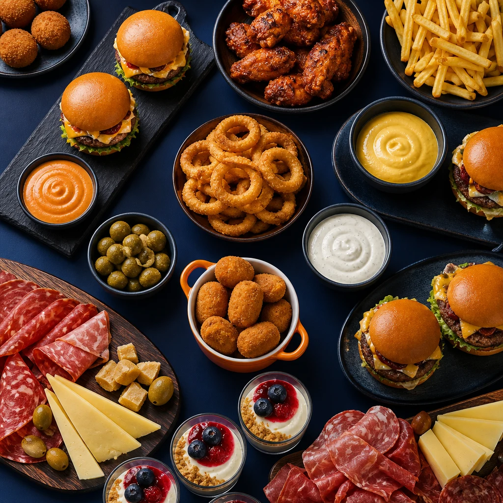 Tavola con hamburger, fritti, patatine, salumi, formaggi e dessert