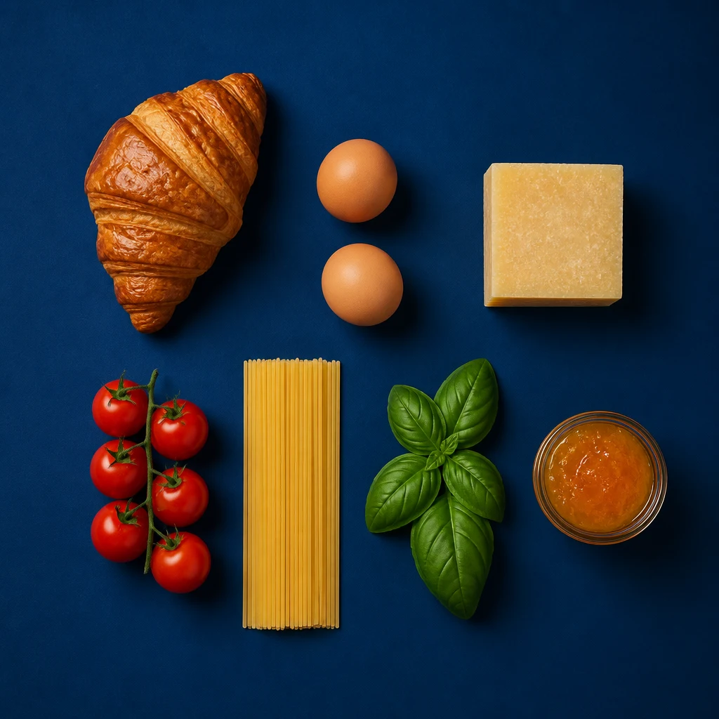 Croissant, uova, formaggio, pomodori, spaghetti, basilico e salsa su sfondo blu