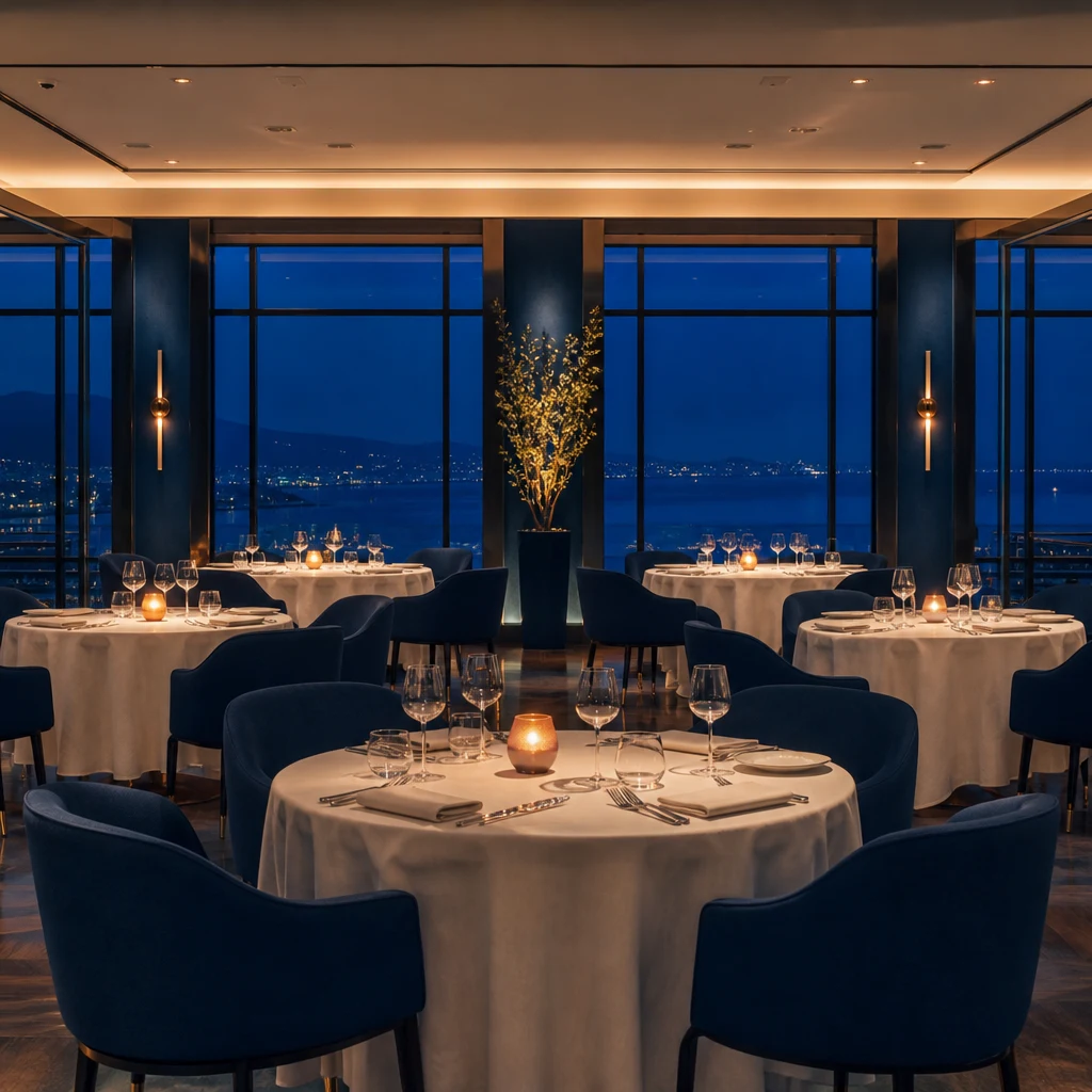 Sala ristorante con tavoli apparecchiati, poltrone blu e vista serale sul mare