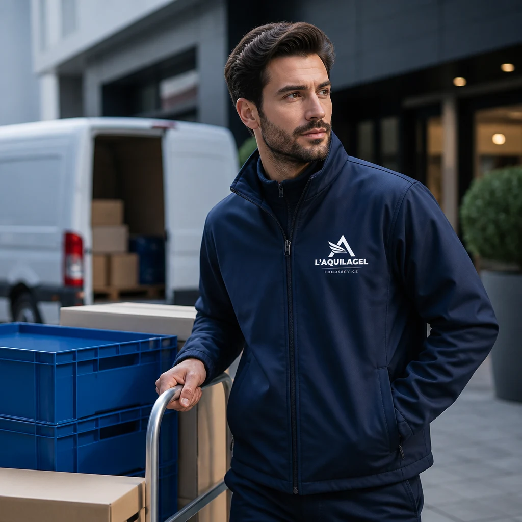 Addetto L'AQUILAGEL con carrello e scatole davanti a un furgone
