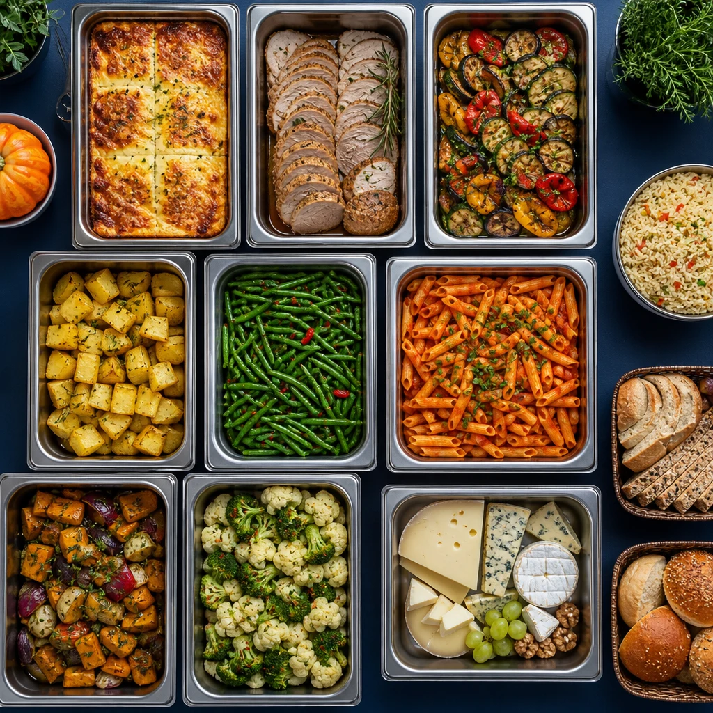 Vaschette di pietanze, verdure, formaggi e pane disposte dall'alto