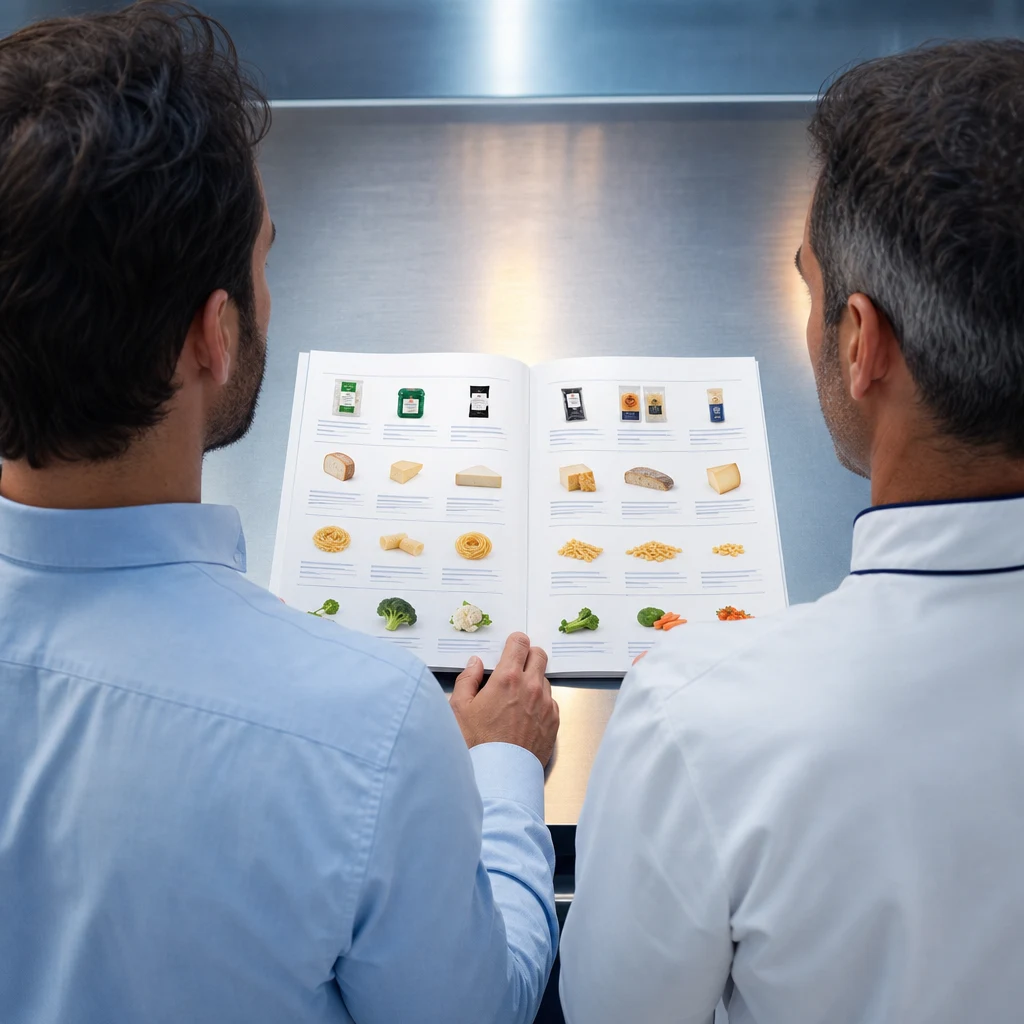Due uomini osservano un catalogo aperto con prodotti alimentari su un tavolo in acciaio